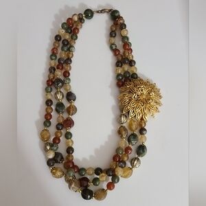 Vintage BEAUTIFUL necklace brooch lisner lucite 3 strand 18" estate beaded vtg